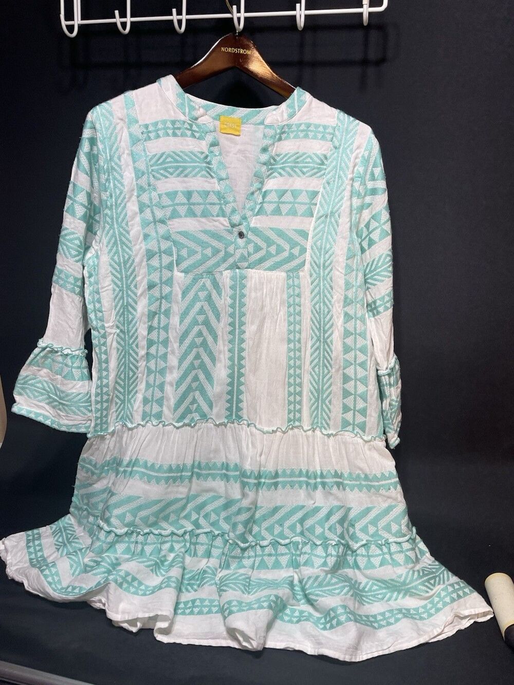 Coast Women’s Fully Lined Dress Turquoise/White Vneck Lg #0283